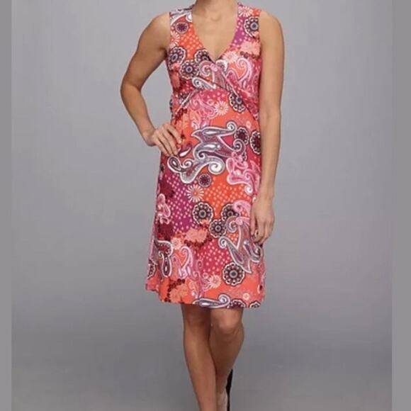 PRANA Pink & Orange Paisley Athleisure Twist Dress w Built-In Bra Size L Stretch - Picture 2 of 9